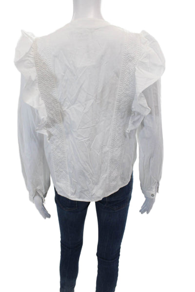 Rebecca Minkoff Womens Cotton V-Neck Ruffled Button-Down Shirt White Size S