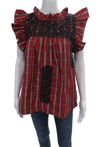J. Marie Womens Plaid Ruffle Neck Sleeveless Babydoll Blouse Red Size S