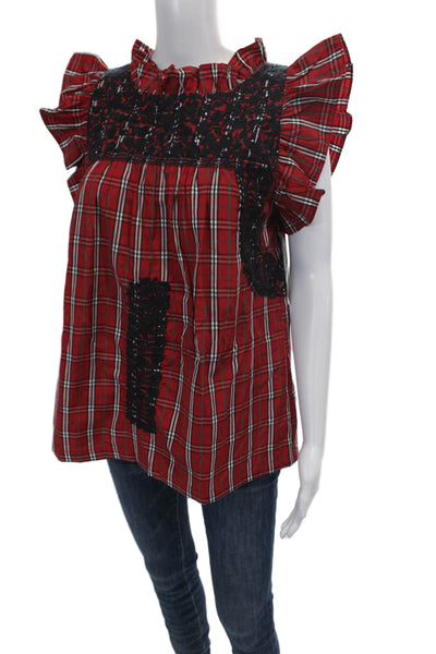 J. Marie Womens Plaid Ruffle Neck Sleeveless Babydoll Blouse Red Size S