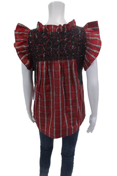 J. Marie Womens Plaid Ruffle Neck Sleeveless Babydoll Blouse Red Size S