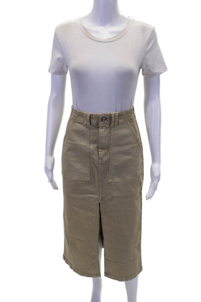 Pistola Womens Zipper Fly Front Slit Midi Pencil Skirt Brown Cotton Size 24