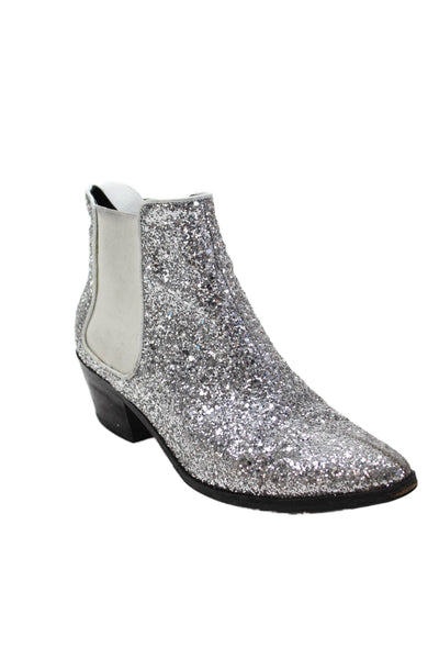 Barneys New York Women's Pointed Toe Glitter Ankle Boots Silver Size 38.5