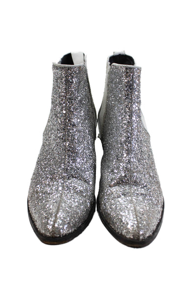 Barneys New York Women's Pointed Toe Glitter Ankle Boots Silver Size 38.5