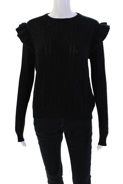 Jumper Womens Long Sleeve Ruffle Trim Ribbed Pullover Sweater Black Size 2