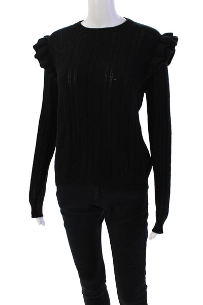 Jumper Womens Long Sleeve Ruffle Trim Ribbed Pullover Sweater Black Size 2