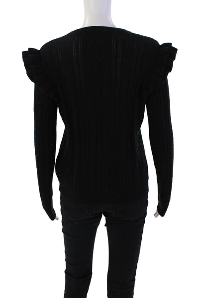 Jumper Womens Long Sleeve Ruffle Trim Ribbed Pullover Sweater Black Size 2