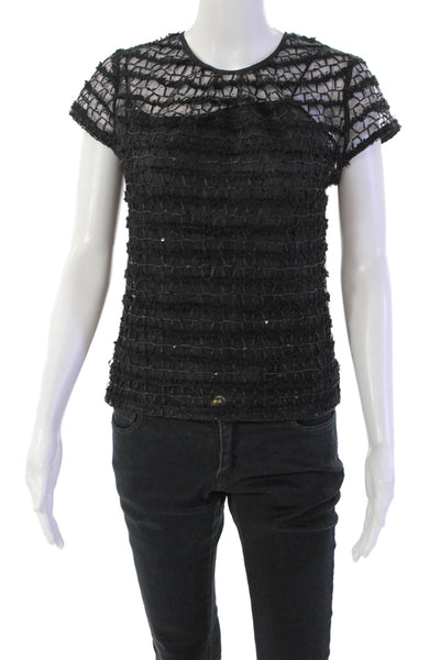 Milly Womens Short Sleeve Scoop Neck Layered Blouse Top Black Size 4