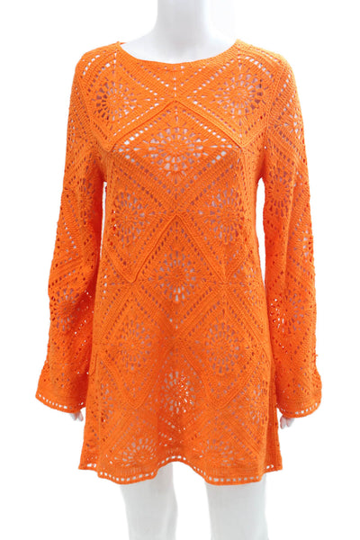 MNG Womens Cotton Open Knit Round Neck Long Sleeve Mini Dress Orange Size M
