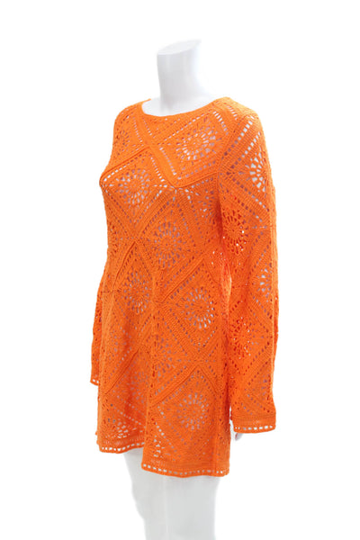 MNG Womens Cotton Open Knit Round Neck Long Sleeve Mini Dress Orange Size M