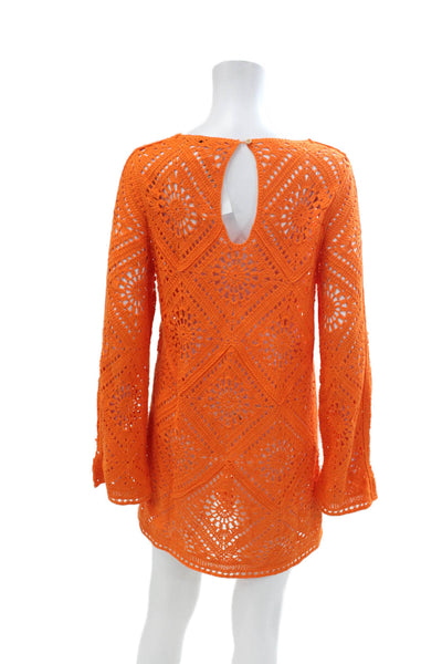 MNG Womens Cotton Open Knit Round Neck Long Sleeve Mini Dress Orange Size M