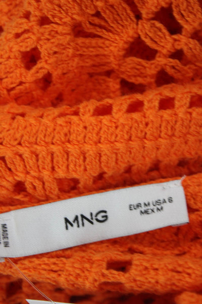 MNG Womens Cotton Open Knit Round Neck Long Sleeve Mini Dress Orange Size M