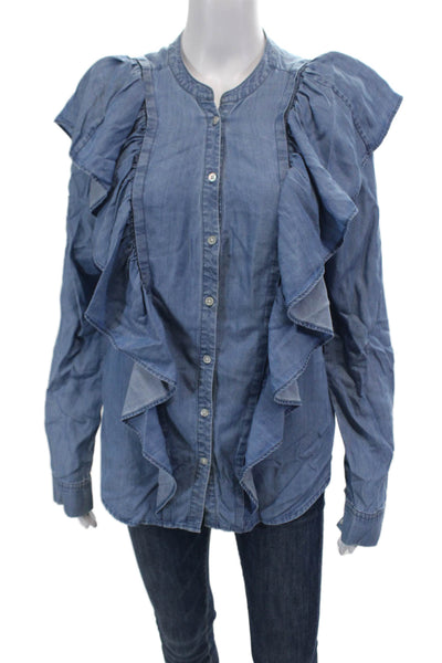 Paige Womens Denim Look Ruffle Detail Long Sleeve Blouse Top Blue Size S