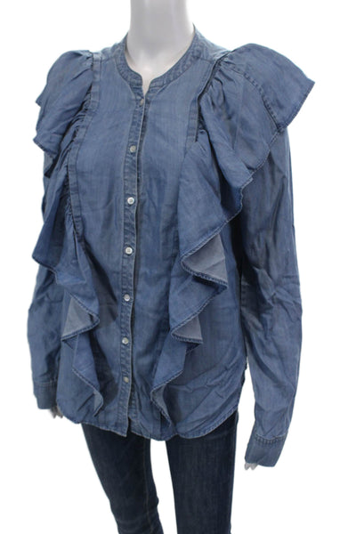 Paige Womens Denim Look Ruffle Detail Long Sleeve Blouse Top Blue Size S