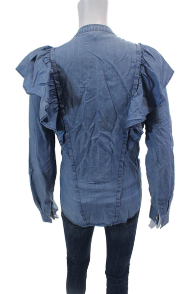 Paige Womens Denim Look Ruffle Detail Long Sleeve Blouse Top Blue Size S