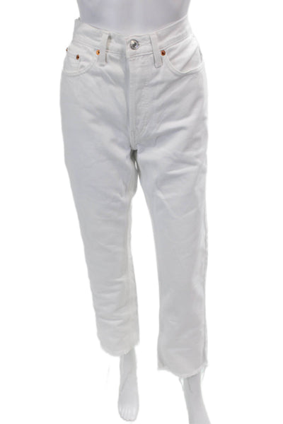 Re/Done Womens Cotton High Waisted Raw Hem Straight Leg Jeans White Size 27