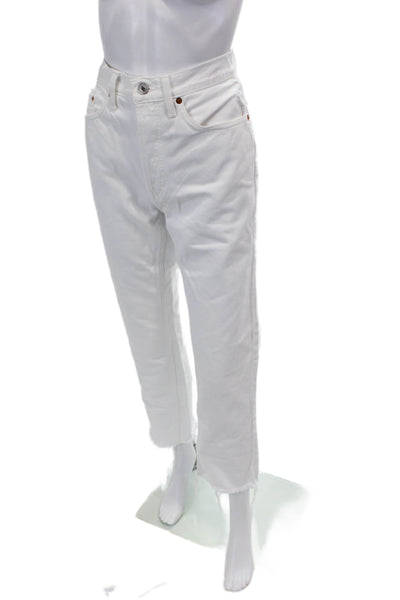 Re/Done Womens Cotton High Waisted Raw Hem Straight Leg Jeans White Size 27
