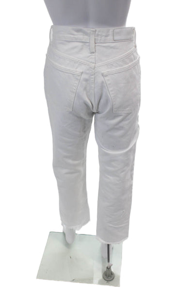 Re/Done Womens Cotton High Waisted Raw Hem Straight Leg Jeans White Size 27