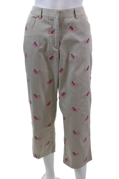 Lilly Pulitzer Womens Embroidered Khaki Pants Beige Pink Cotton Size 6