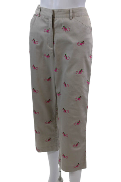 Lilly Pulitzer Womens Embroidered Khaki Pants Beige Pink Cotton Size 6