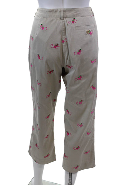 Lilly Pulitzer Womens Embroidered Khaki Pants Beige Pink Cotton Size 6