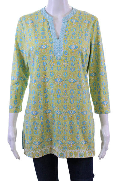 J. Mclaughlin Womens Abstract Print Tunic Blouse Yellow Blue Size Small
