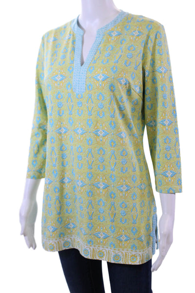J. Mclaughlin Womens Abstract Print Tunic Blouse Yellow Blue Size Small