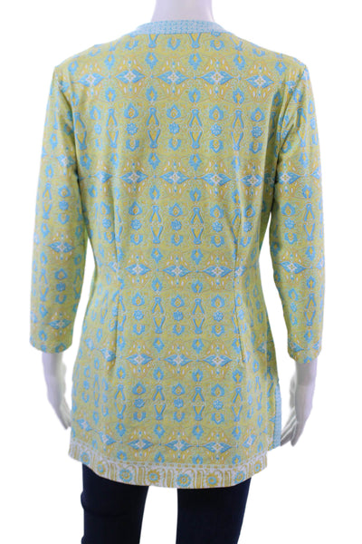 J. Mclaughlin Womens Abstract Print Tunic Blouse Yellow Blue Size Small
