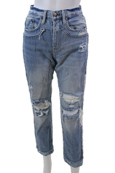 Frame Womens Cotton Raw Trim Detail Distressed Casual Jeans Blue Size 24
