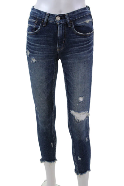 Moussy Womens Cotton Distressed Raw Hem Detail Skinny Leg Jeans Blue Size 24