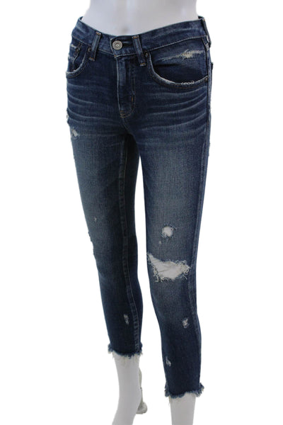 Moussy Womens Cotton Distressed Raw Hem Detail Skinny Leg Jeans Blue Size 24