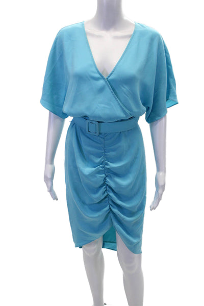 Trina Turk Womens Short Sleeve V-neck Belted Lined Ruched Dress Blue Size 6