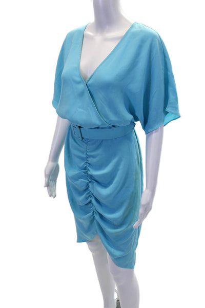 Trina Turk Womens Short Sleeve V-neck Belted Lined Ruched Dress Blue Size 6