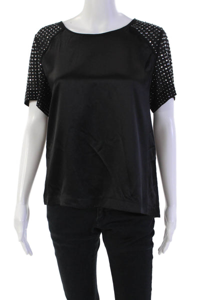 Rebecca Taylor Womens Embellished Short Sleeve Scoop Neck Silk Top Black Size 2