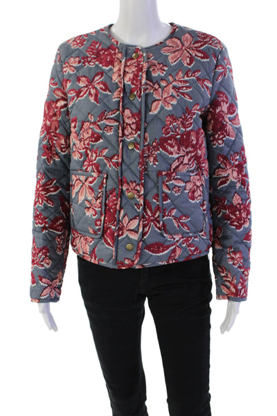 Rachel Zoe Womens Button Front Crew Neck Quilted Floral Jacket Gray Size Small