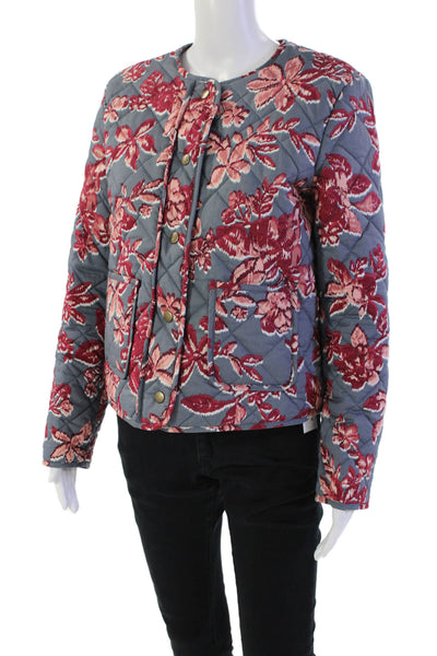 Rachel Zoe Womens Button Front Crew Neck Quilted Floral Jacket Gray Size Small
