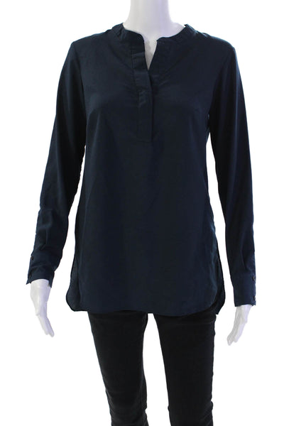 Neiman Marcus Womens Long Sleeve V Neck Side Slit Shirt Blue Size Extra Small