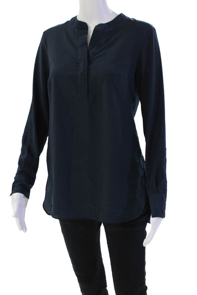 Neiman Marcus Womens Long Sleeve V Neck Side Slit Shirt Blue Size Extra Small