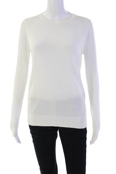 DKNY Womens Cotton Long Sleeve Crewneck Mesh Trim T Shirt White Size P
