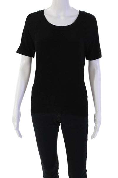 Milly Womens Short Sleeve Zip Crewneck Knit Top black Size M