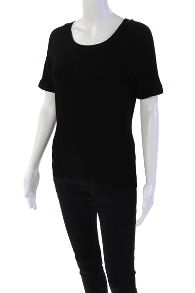 Milly Womens Short Sleeve Zip Crewneck Knit Top black Size M
