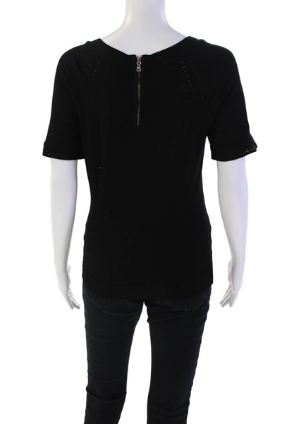 Milly Womens Short Sleeve Zip Crewneck Knit Top black Size M