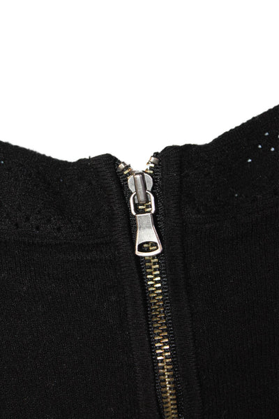 Milly Womens Short Sleeve Zip Crewneck Knit Top black Size M
