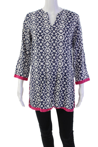 Roller Rabbit Womens 3/4 Sleeve V Neck Printed Tunic Top White Blue Cotton XS