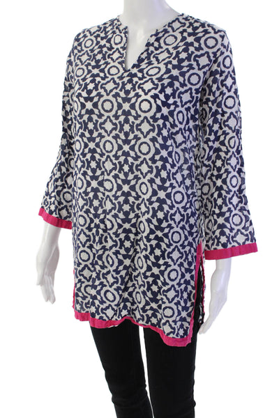 Roller Rabbit Womens 3/4 Sleeve V Neck Printed Tunic Top White Blue Cotton XS