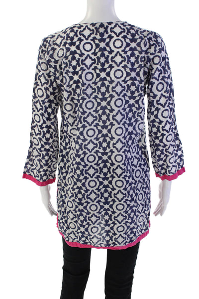Roller Rabbit Womens 3/4 Sleeve V Neck Printed Tunic Top White Blue Cotton XS