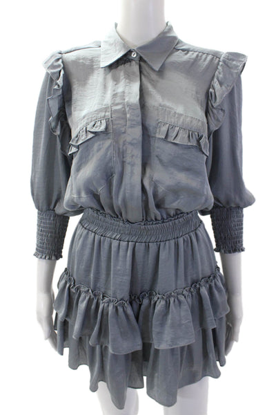 Misa Womens Textured Long Sleeve V-neck Button Tier Short Dress Gray Size XS