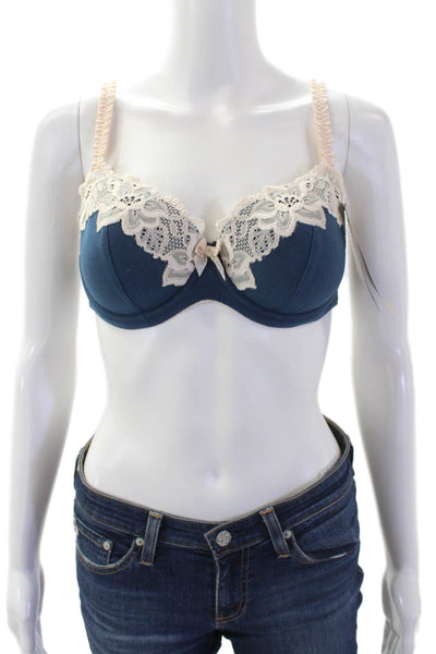 Fayreform Womens Cotton Lace Detail Ruched Strap Underwire Bra Blue Size 34D