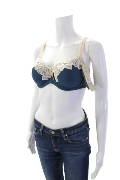 Fayreform Womens Cotton Lace Detail Ruched Strap Underwire Bra Blue Size 34D