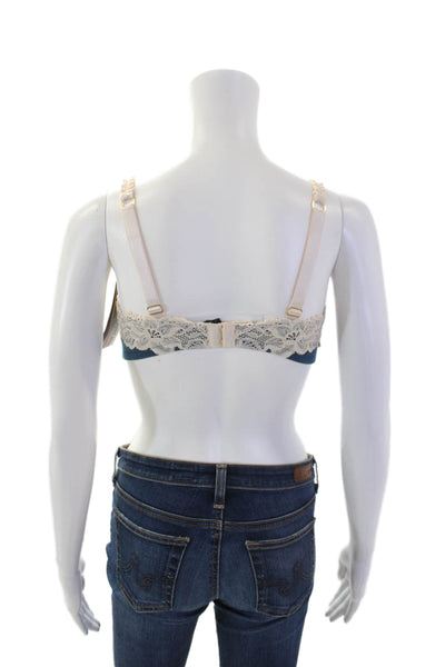 Fayreform Womens Cotton Lace Detail Ruched Strap Underwire Bra Blue Size 34D