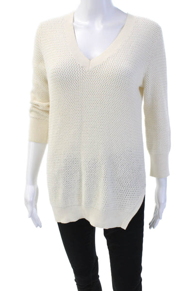 Theory Womens Cotton Long Sleeve V-neck Casual Knit Sweater Cream Size XS